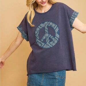 NWT UMGEE Bohemian Blue Mineral Wash Peace Patch Top S M L